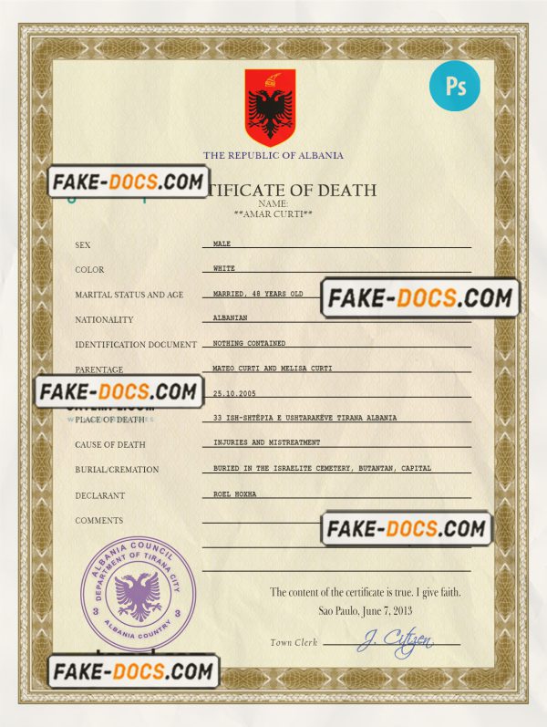 Albania death certificate PSD template, completely editable