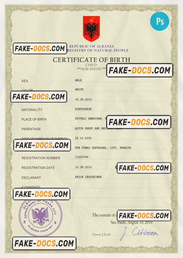 Albania birth certificate PSD template, completely editable