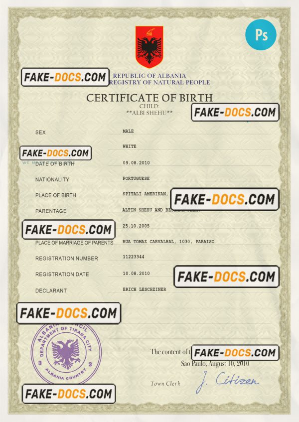 Albania birth certificate PSD template, completely editable
