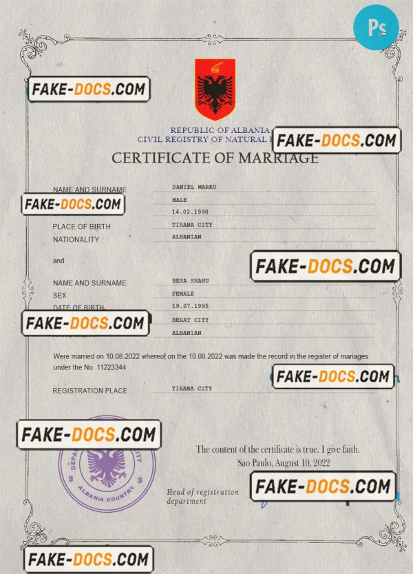 Albania marriage certificate PSD template, completely editable