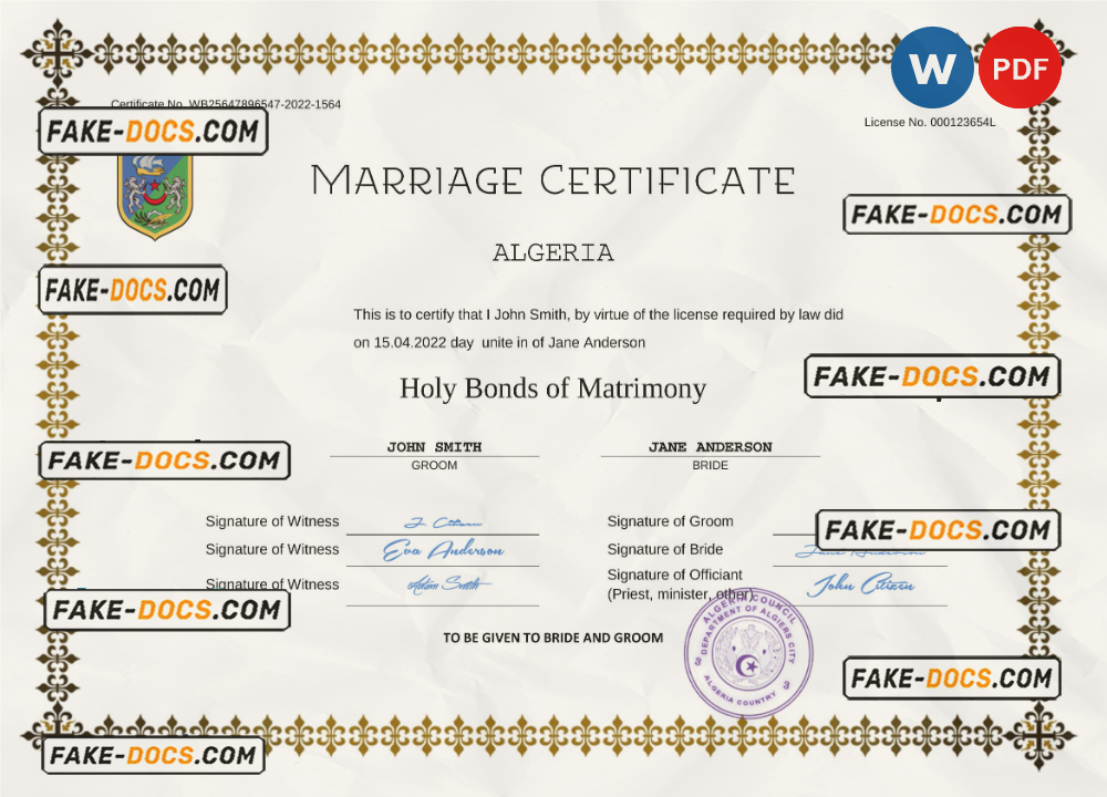Algeria marriage certificate Word and PDF template, completely editable scan