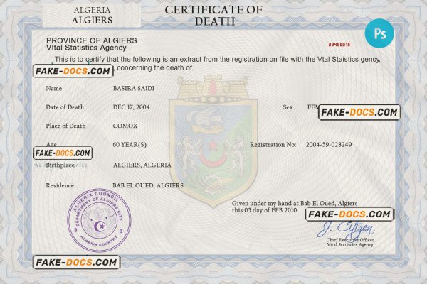 Algeria vital record death certificate PSD template, fully editable