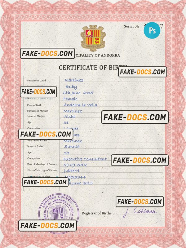 Andorra vital record birth certificate PSD template