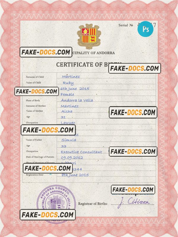 Andorra vital record birth certificate PSD template