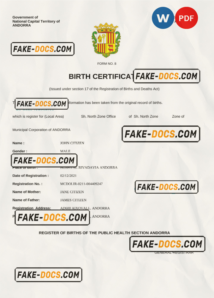 Andorra vital record birth certificate Word and PDF template scan