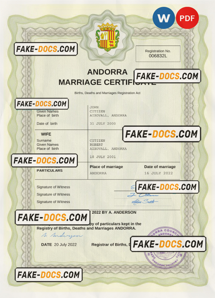 Andorra marriage certificate Word and PDF template, fully editable scan