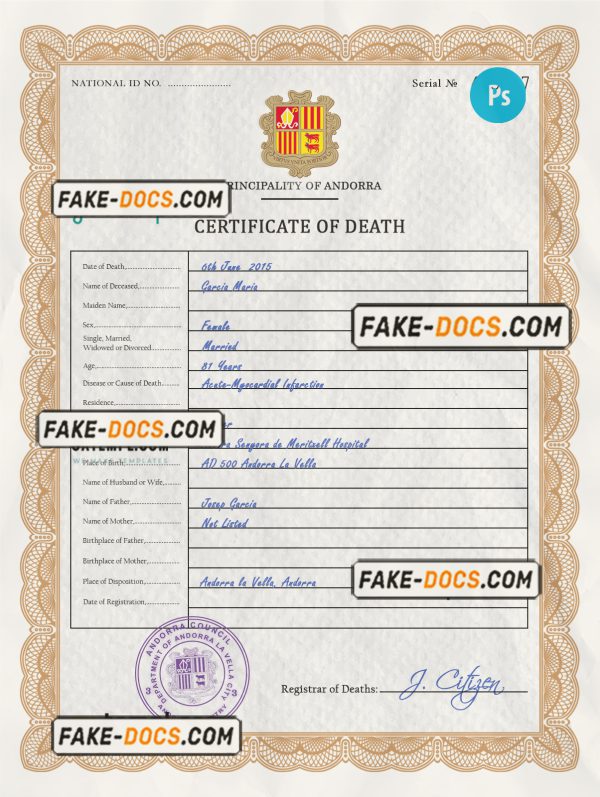 Andorra death certificate PSD template, completely editable
