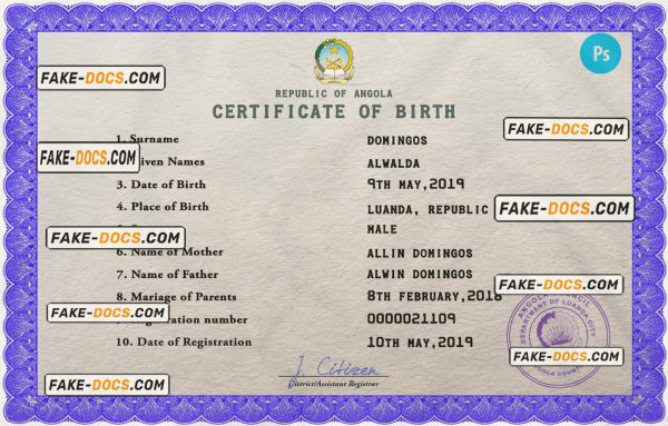 Angola vital record birth certificate PSD template, completely editable