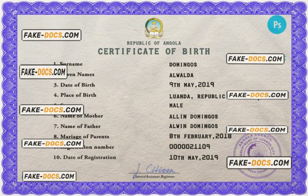 Angola vital record birth certificate PSD template, completely editable