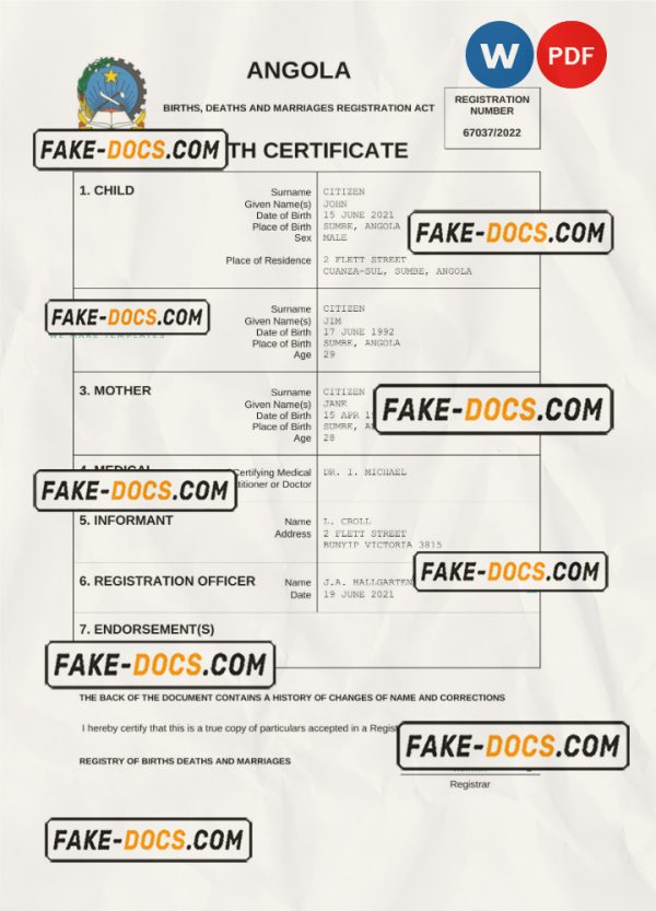 Angola vital record birth certificate Word and PDF template, fully editable scan