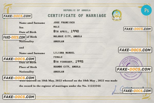 Angola marriage certificate PSD template, fully editable