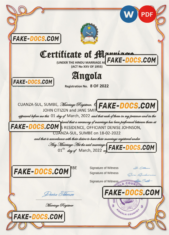 Angola marriage certificate Word and PDF template, completely editable scan