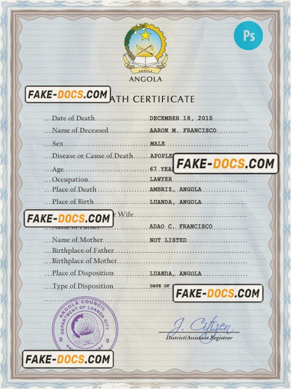 Angola vital record death certificate PSD template, completely editable