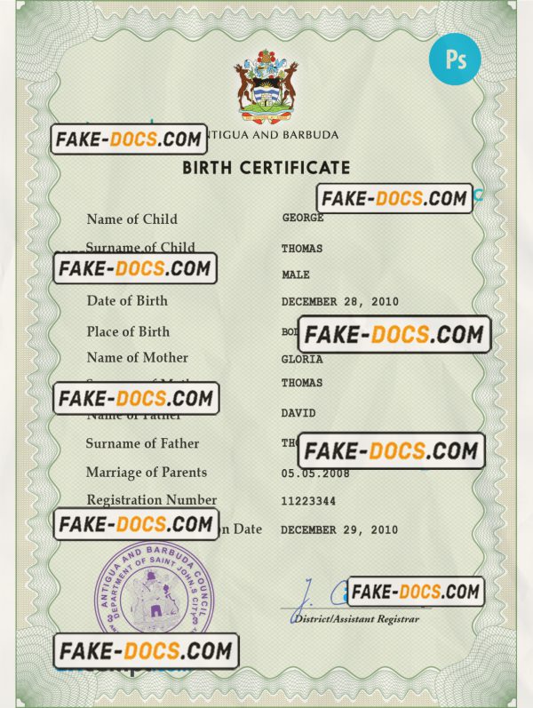 Antigua and Barbuda birth certificate PSD template, completely editable