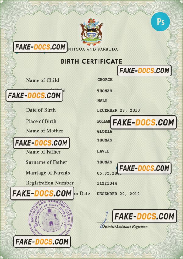 Antigua and Barbuda birth certificate PSD template, completely editable