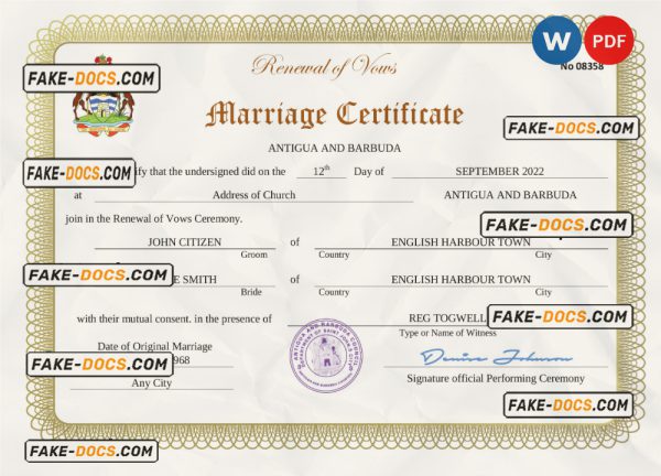 Antigua and Barbuda marriage certificate Word and PDF template, fully editable scan