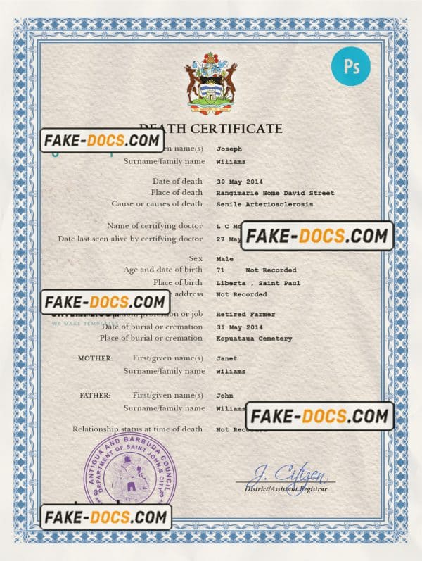 Antigua and Barbuda vital record death certificate PSD template