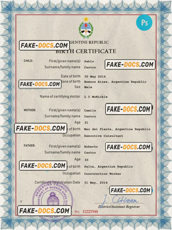 Argentina vital record birth certificate PSD template, fully editable