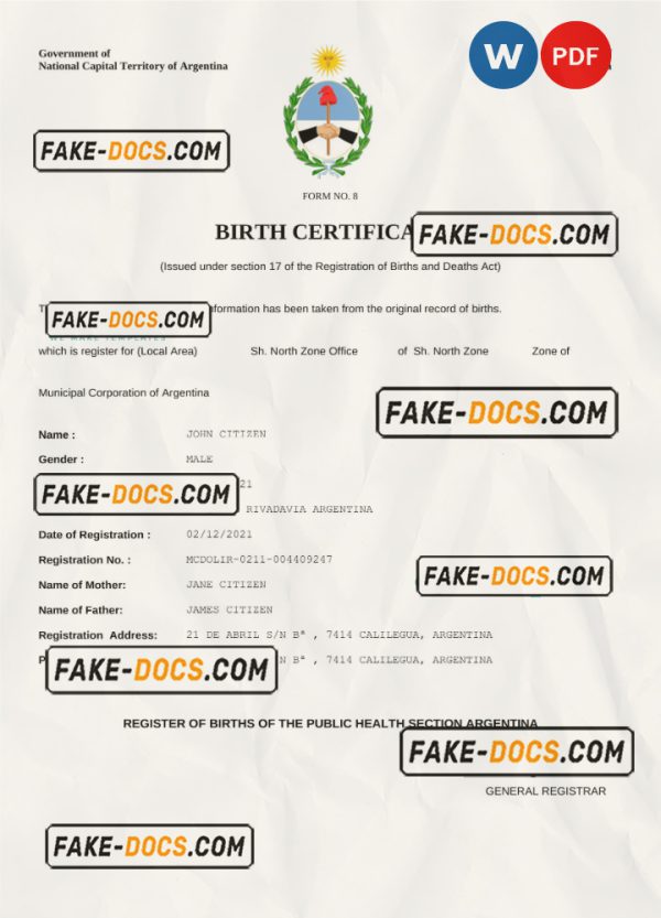 Argentina birth certificate Word and PDF template, completely editable scan