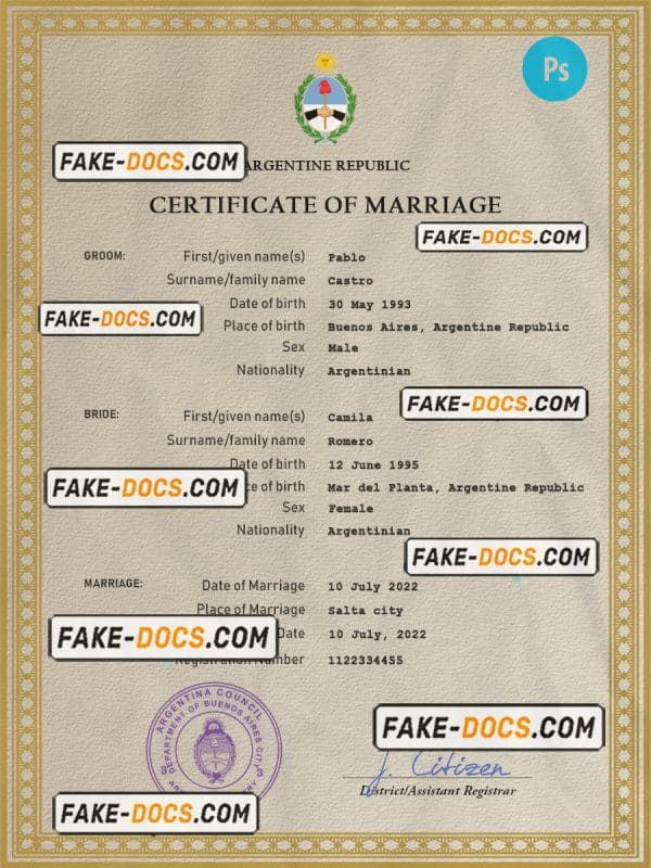 Argentina marriage certificate PSD template, fully editable
