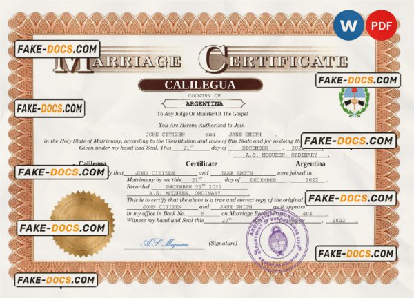 Argentina marriage certificate Word and PDF template, fully editable scan