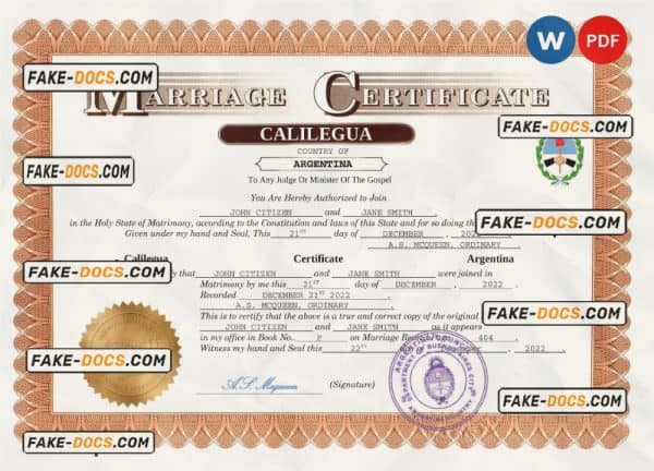 Argentina marriage certificate Word and PDF template, fully editable