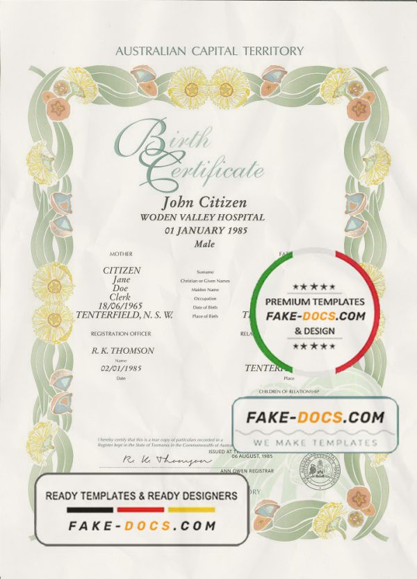 Australia Australian Capital Territory decorative (commemorative) birth certificate template in PSD format