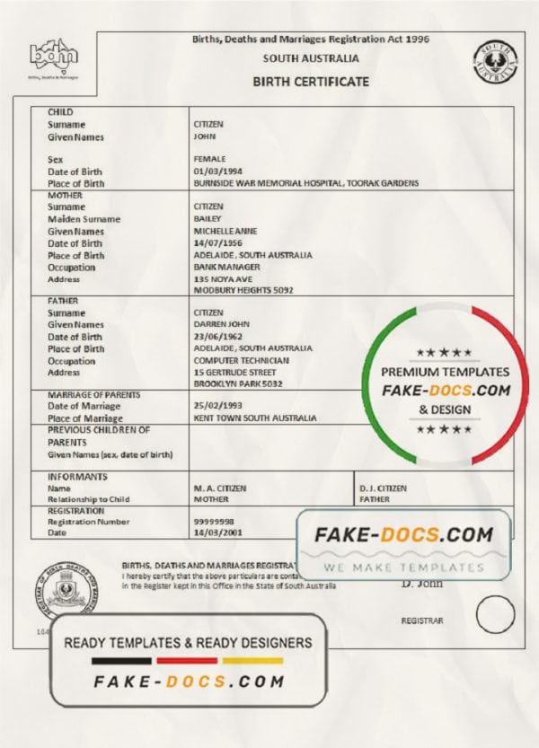 Australia South Australia birth certificate template in Word format, version 1
