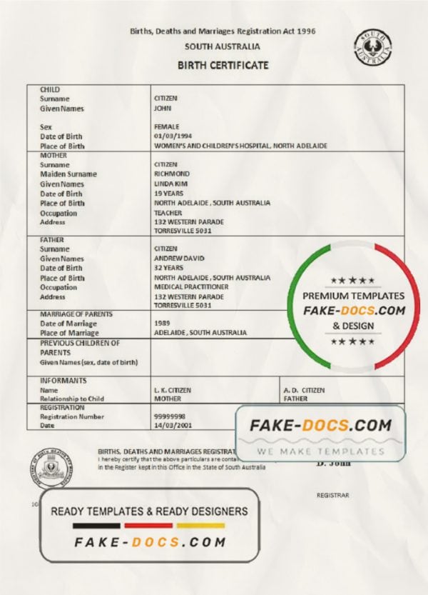 Australia South Australia birth certificate template in Word format, version 2