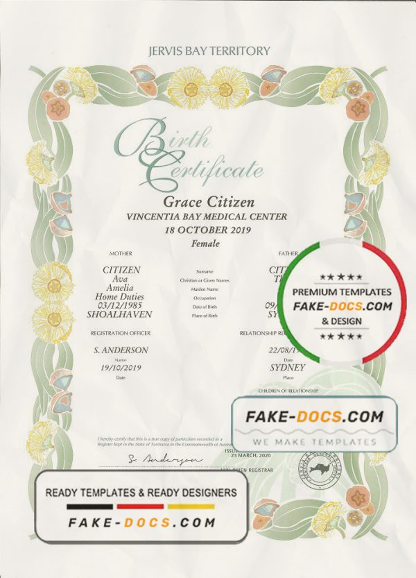Australia Jervis Bay Territory decorative birth certificate template in PSD format, fully editable