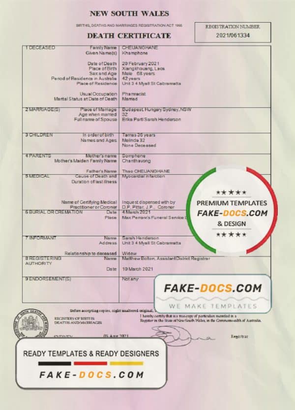 Australia New South Wales Death Certificate template in Word and PDF format
