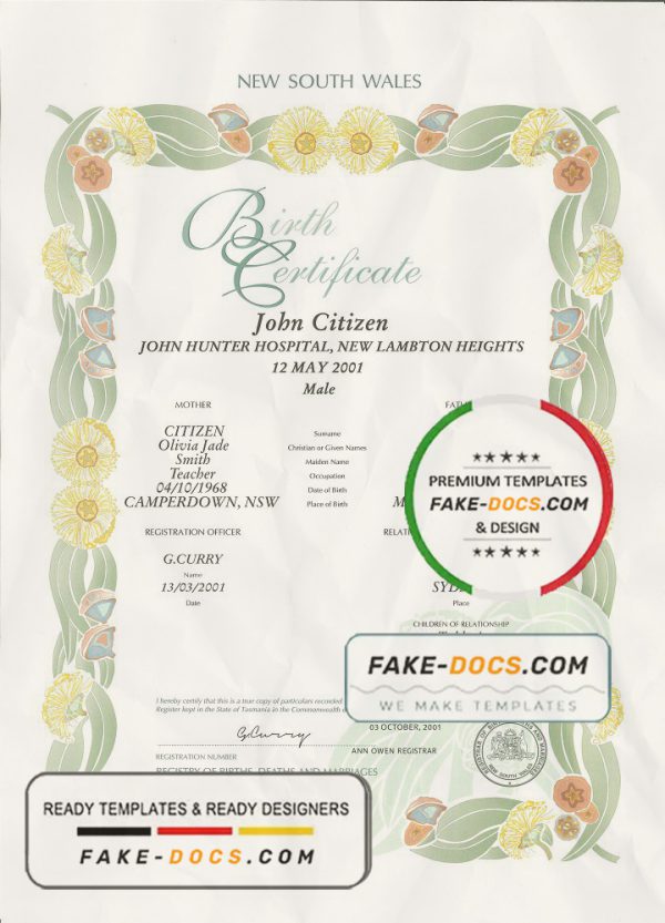 Australia New South Wales decorative (commemorative) birth certificate template in PSD format, fully editable