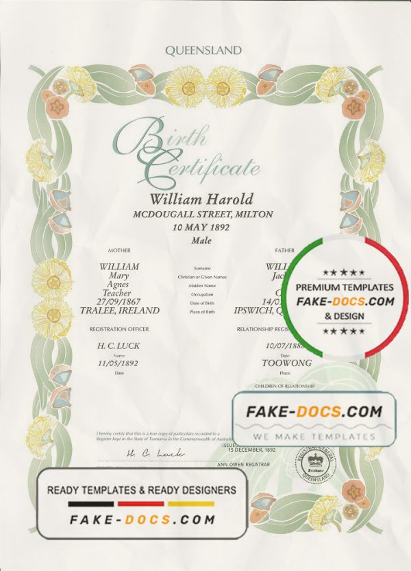 Australia Queensland decorative (commemorative) birth certificate template in PSD format, fully editable