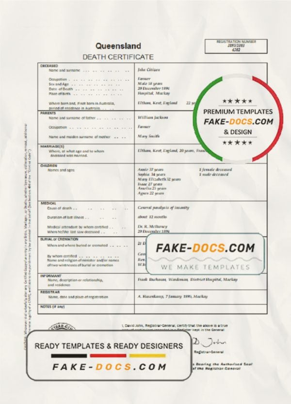 Australia Queensland death certificate template in Word format
