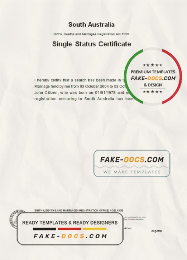 Australia South Australia divorce certificate template in Word format