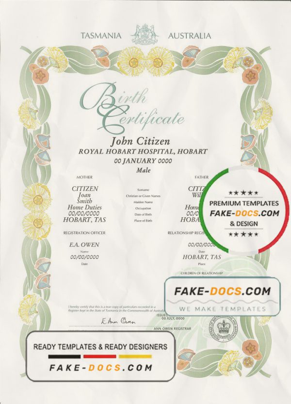 Australia Tasmania decorative (commemorative) birth certificate template in PSD format, fully editable