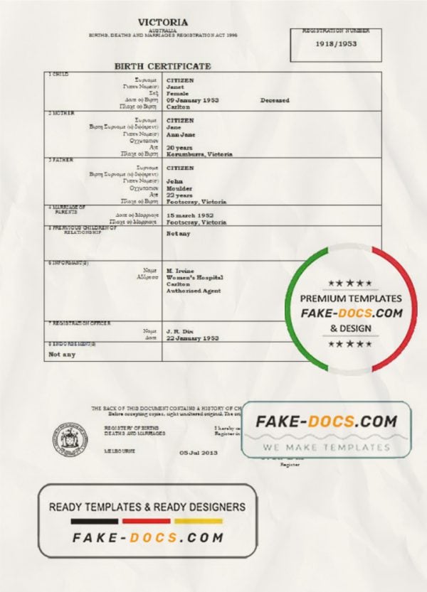 Australia Victoria birth certificate template in Word format, version 1