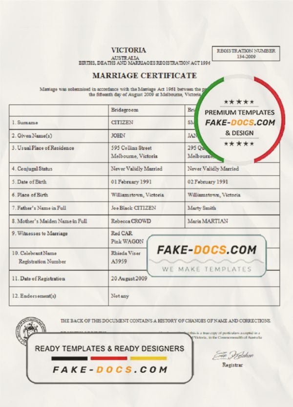 Australia Victoria marriage certificate template in Word format