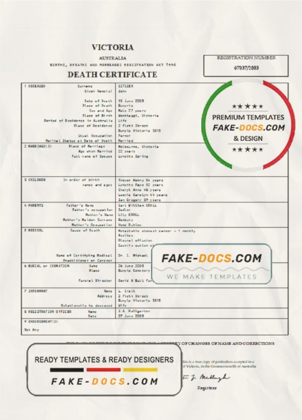 Australia Victoria death certificate template in Word format
