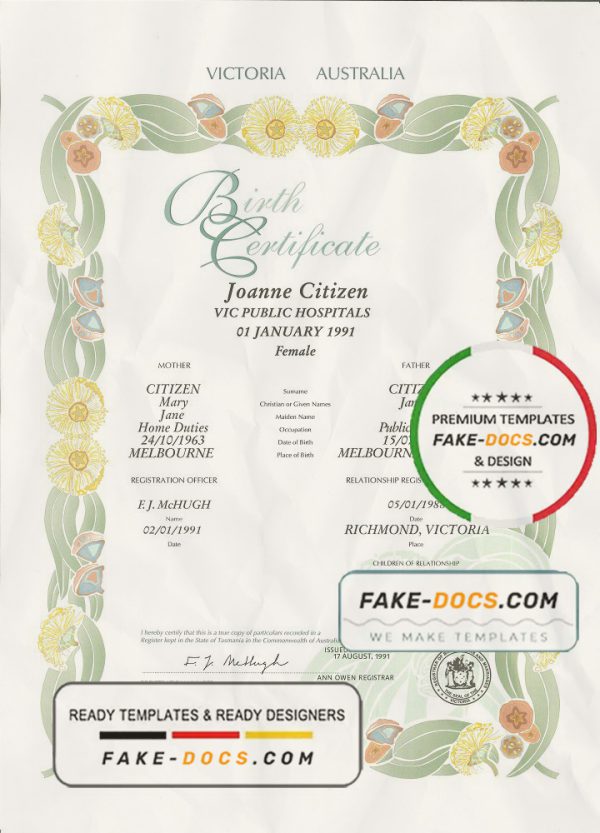 Australia Victoria state decorative (commemorative) birth certificate template in PSD format, fully editable