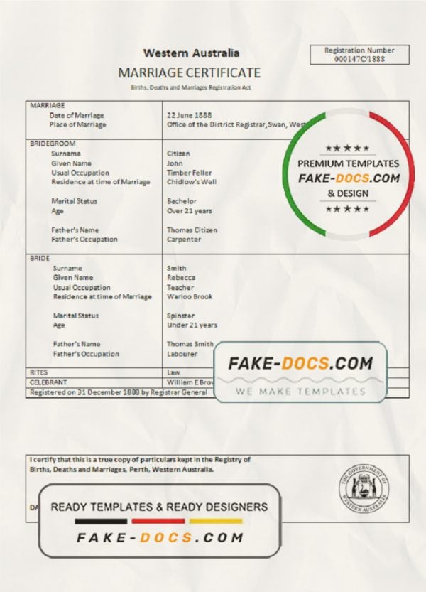 Australia Western Australia marriage certificate template in Word format