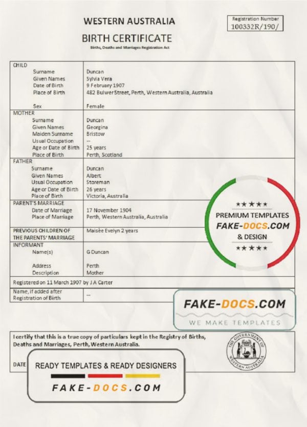 Australia Western Australia birth certificate template in Word format, version 1