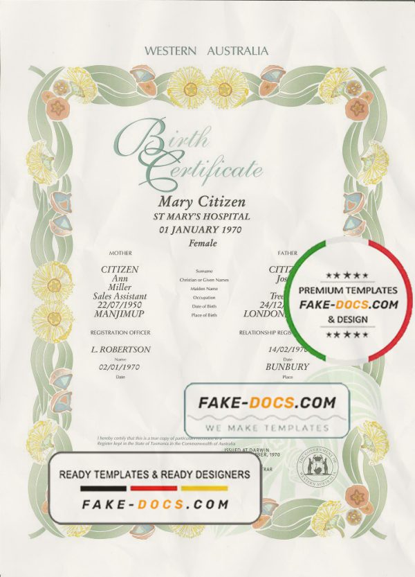 Australia Western Australia decorative (commemorative) birth certificate template in PSD format, fully editable