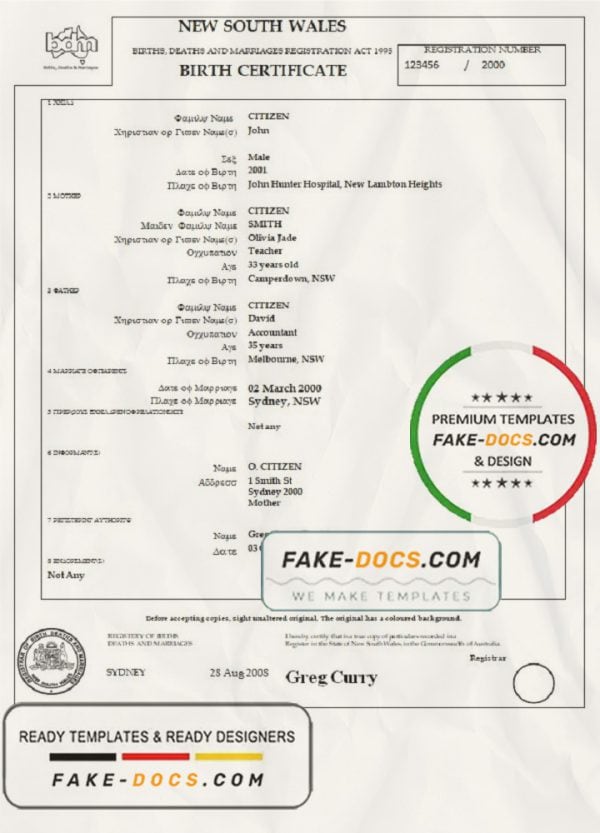 Australia Western Australia birth certificate template in Word format, version 3