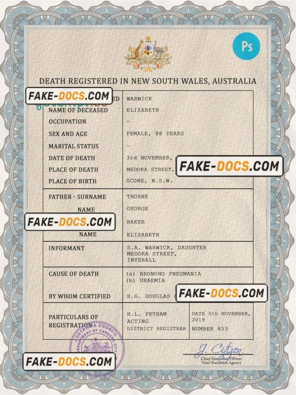 Australia vital record death certificate PSD template, fully editable