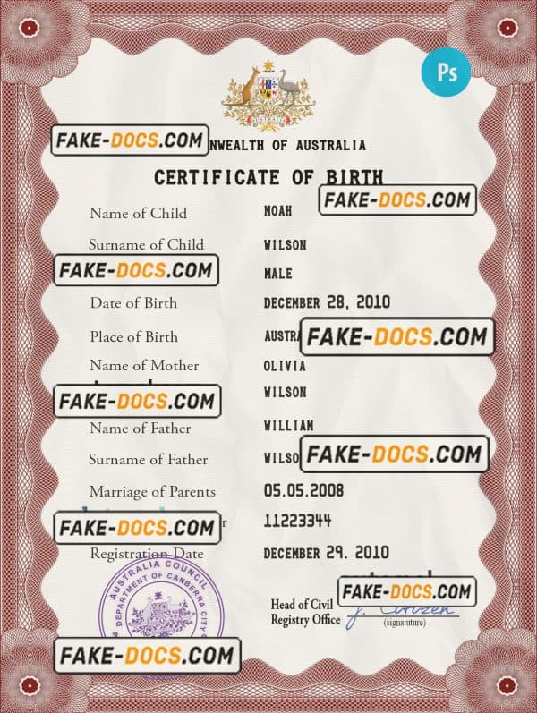 Australia vital record birth certificate PSD template
