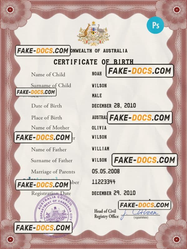 Australia vital record birth certificate PSD template