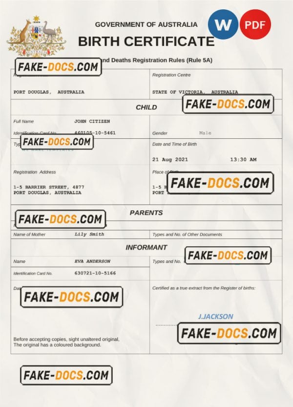 Australia vital record birth certificate Word and PDF template, completely editable