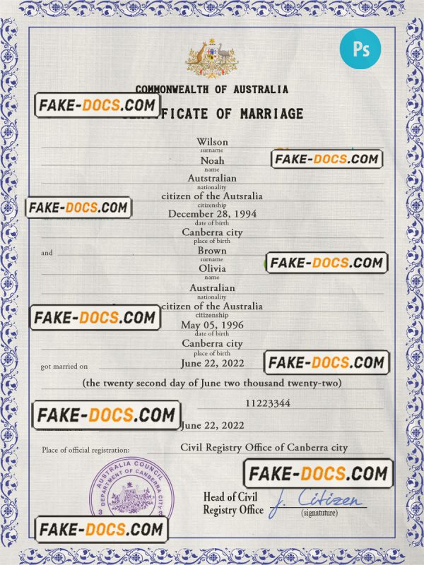 Australia marriage certificate PSD template, completely editable