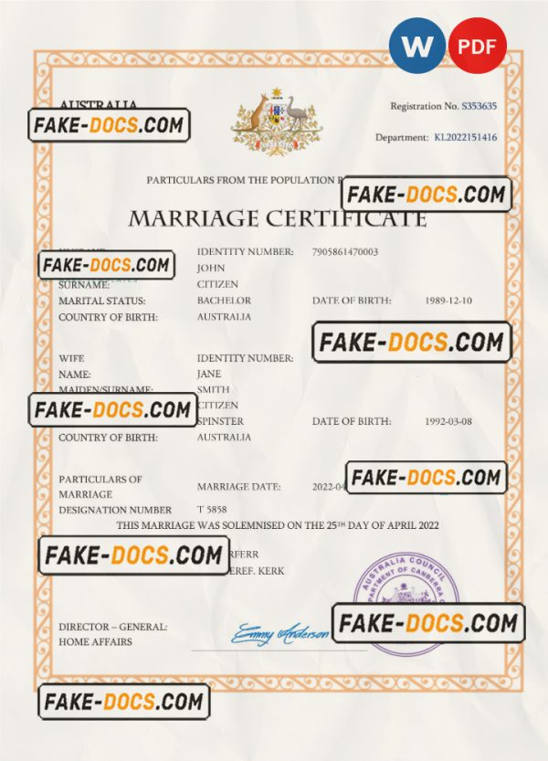 Australia marriage certificate Word and PDF template, completely editable scan